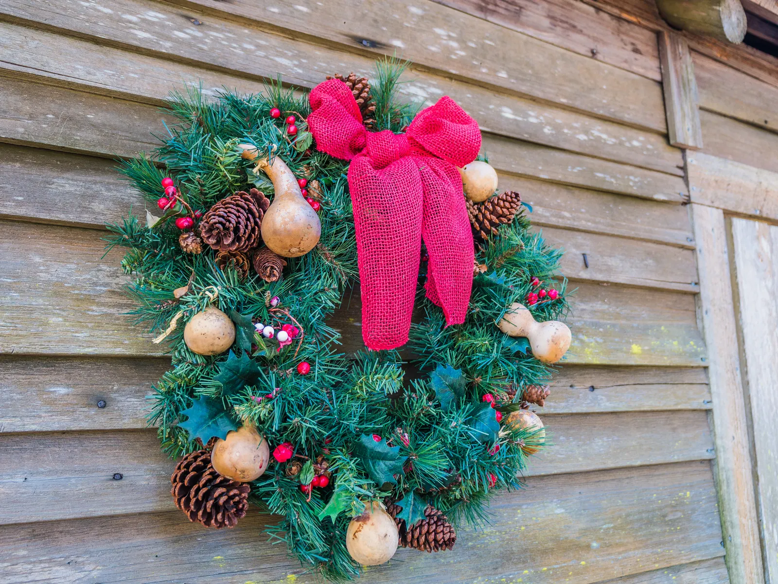 Corona de Navidad con lazo rojo, piñas y calabacitas colgada en la pared de madera de una casa