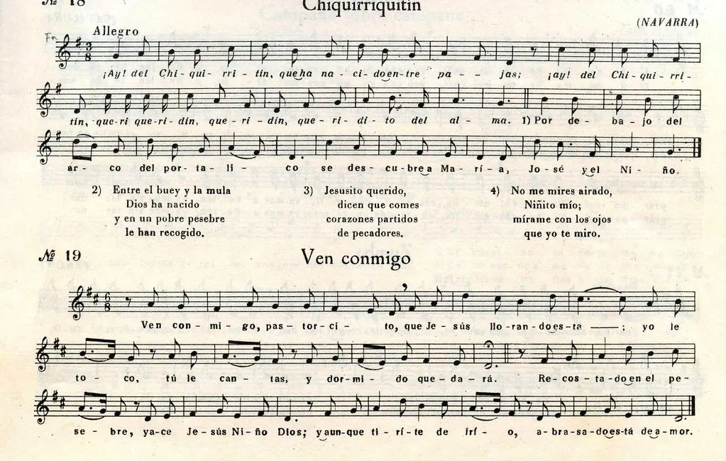 Partitura antigua de villancicos tradicionales españoles