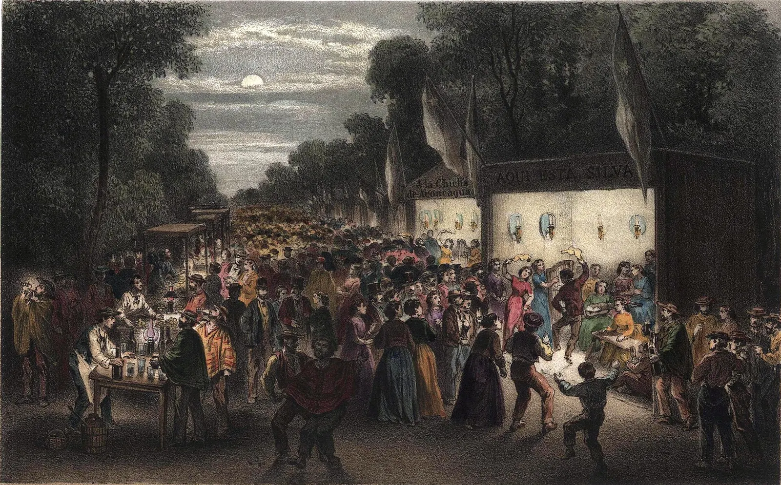 Grabado coloreado de 1872: gente bailando entre puestos iluminados en la Nochebuena de la Cañada de Santiago