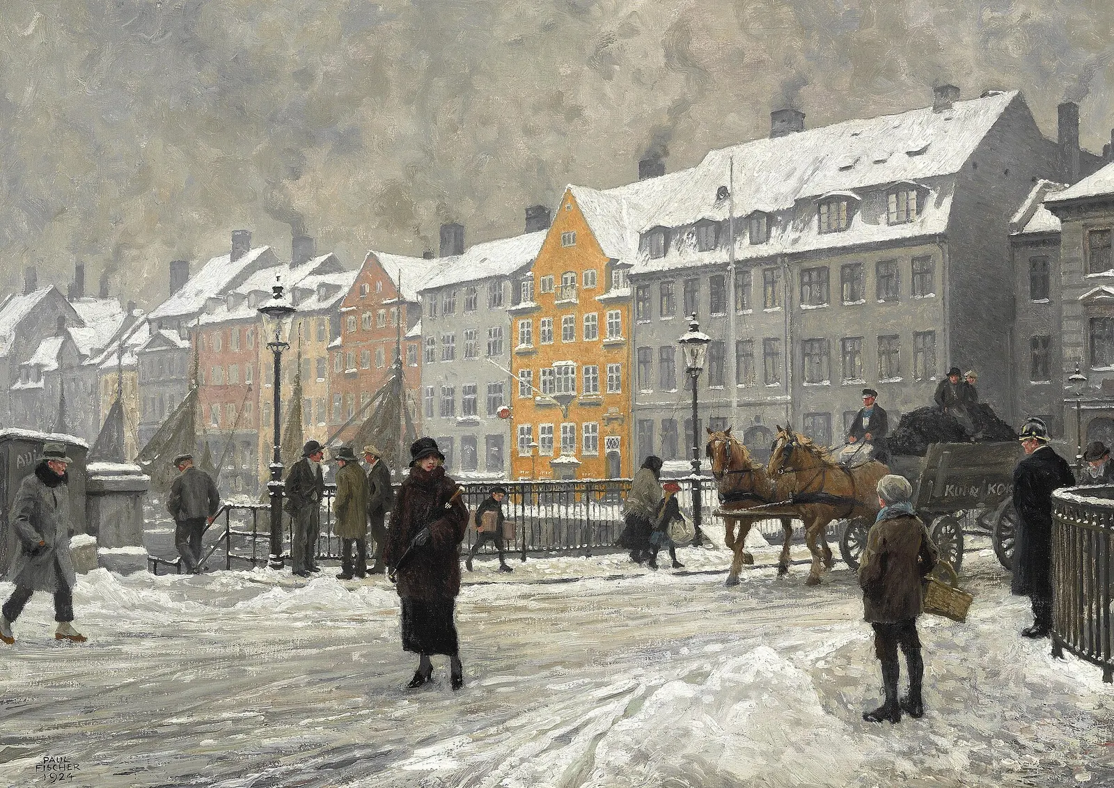 Cuadro de Paul Fischer (1924): Nyhavn, en Copenhague, nevado, con fachadas de colores y un carro de caballos