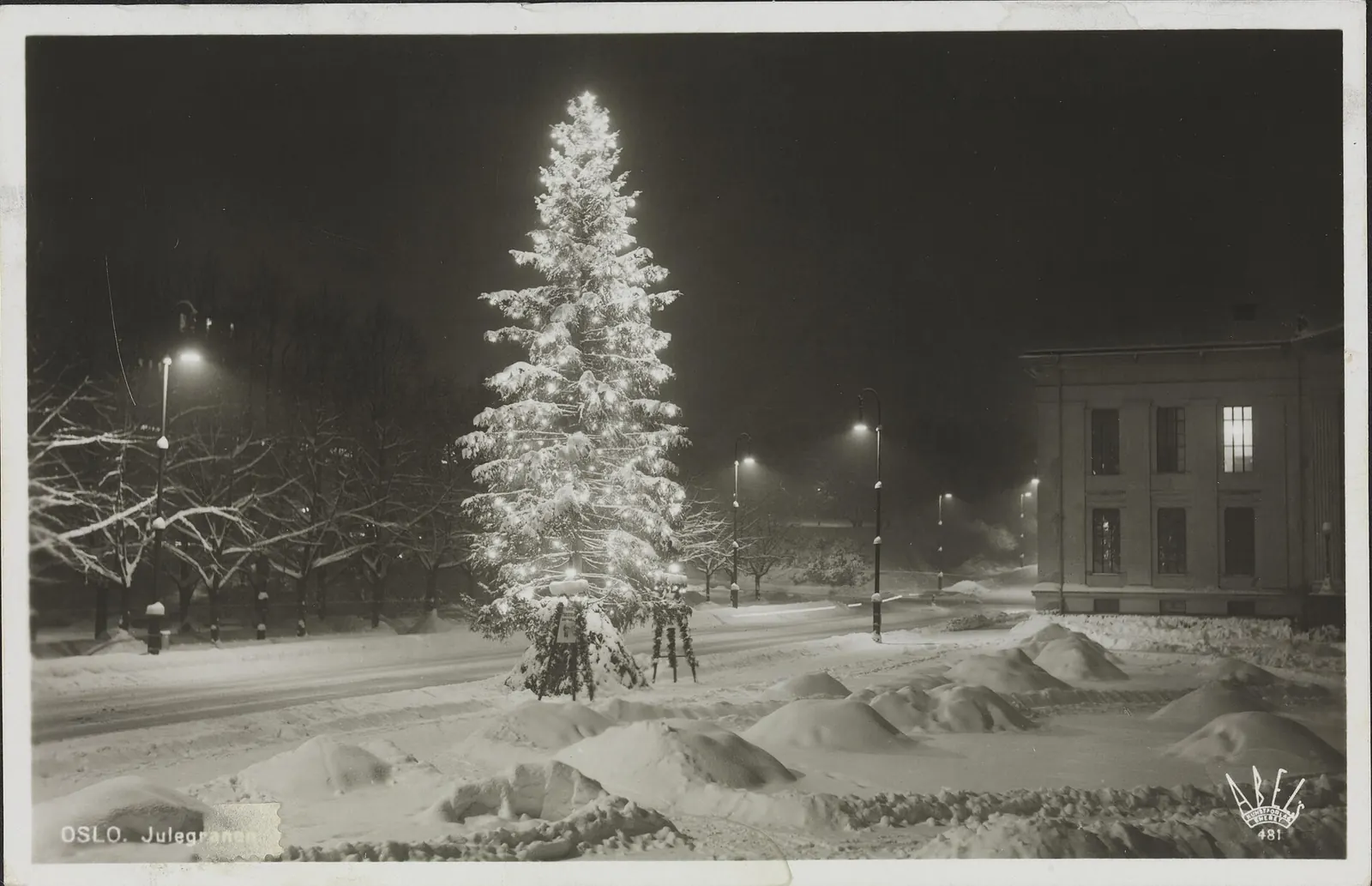 Postal antigua de Oslo: gran abeto de Navidad iluminado en una calle nevada de noche, junto a la universidad