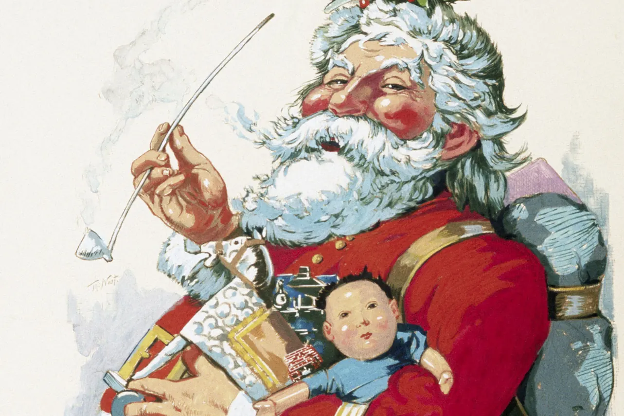 Ilustración antigua de Santa Claus con barba blanca, traje rojo y pipa, cargado de juguetes y una muñeca