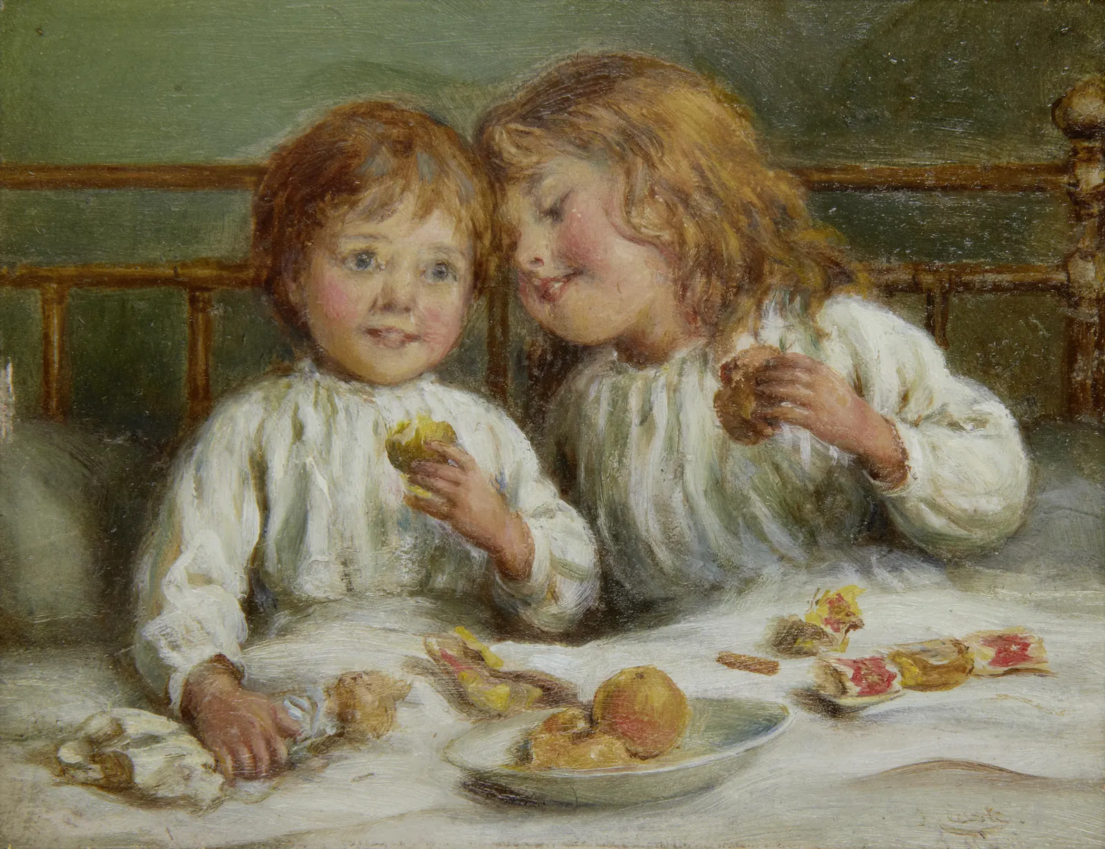 Pintura antigua de dos niños pequeños en camisón comiendo dulces junto a envoltorios de caramelos