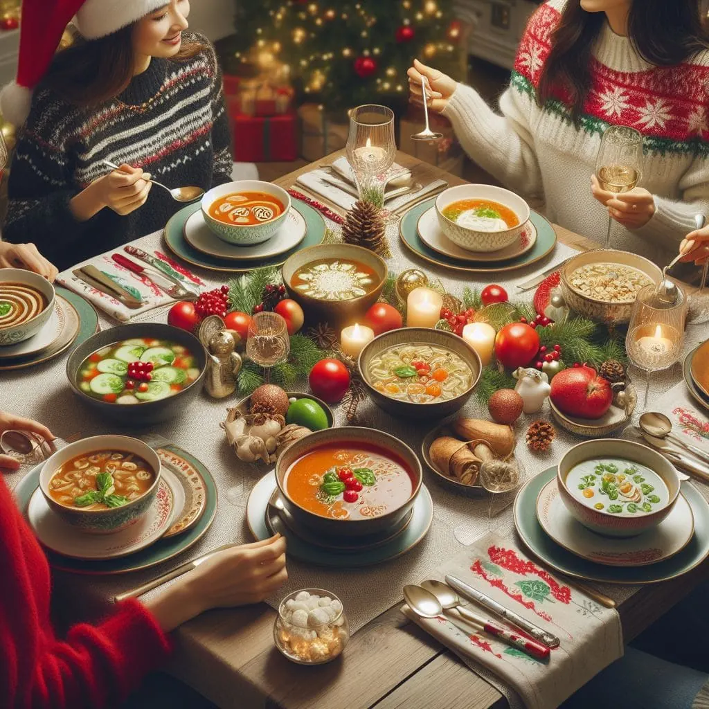 Cuenco de sopa navideña caliente servido en la mesa